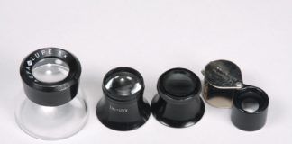 From left to right: A photographer’s loupe, two watchmaker’s loupes, and a folding pocket loupe.