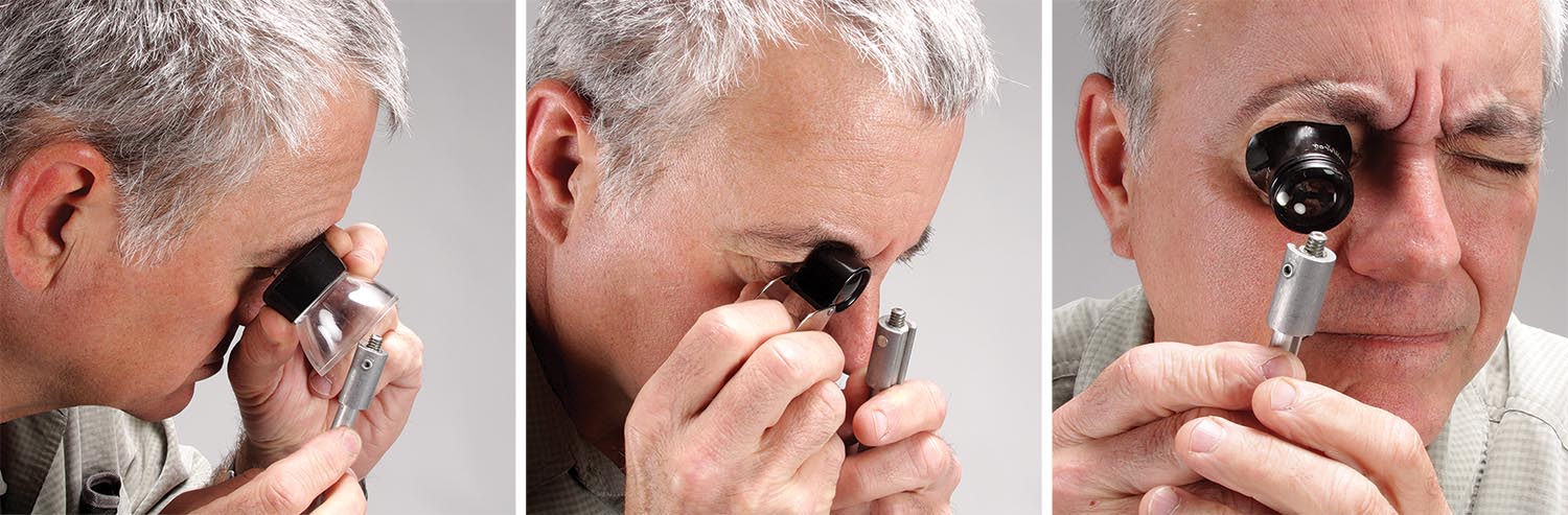 Three basic loupes (left to right): a photographer’s loupe, a folding pocket loupe, and a watchmaker’s loupe. Note how the watchmaker’s loupe frees up both hands because it is held in place by squinting the muscles around the eye socket.