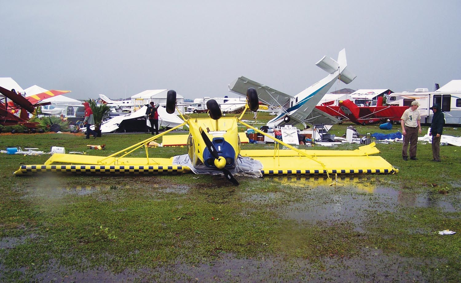 Dozens of airplanes, mostly experimentals, were seriously damaged when a tornado carved through the Sun ’n Fun homebuilt parking area in 2011. Thankfully, no one was seriously hurt.