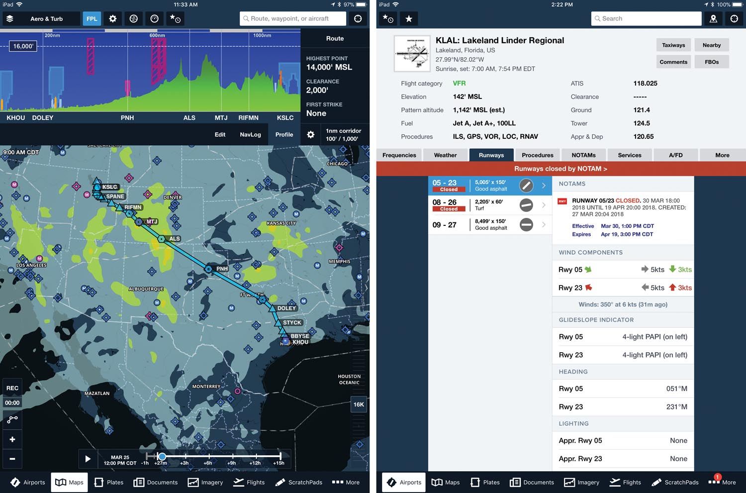 (Left) ForeFlight flight planning with turbulence layer. (Right) ForeFlight airport view for Lakeland, Florida, with runway closure warning.