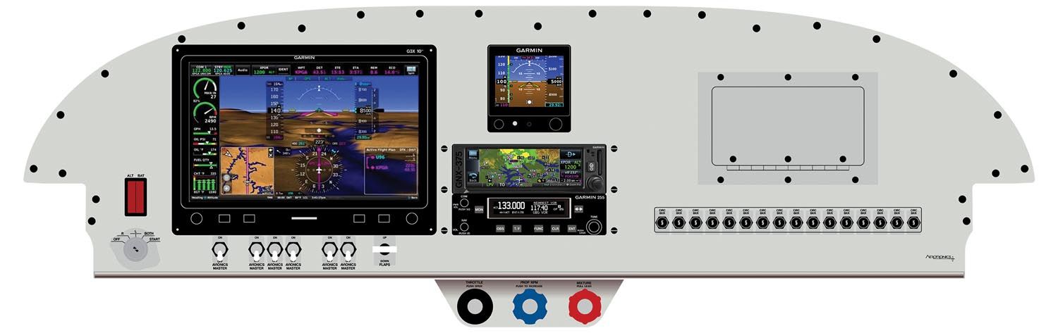 Tier 3 – This light-IFR panel includes the typical G3X display with remote transponder, a G5 backup EFIS, a single com radio with built-in intercom, a GNX 375 IFR-approved GPS receiver, and a two-axis autopilot. Many pilots prefer a separate control unit for the autopilot, but that adds about $1100. Aerotronics priced out this example at $35,500.