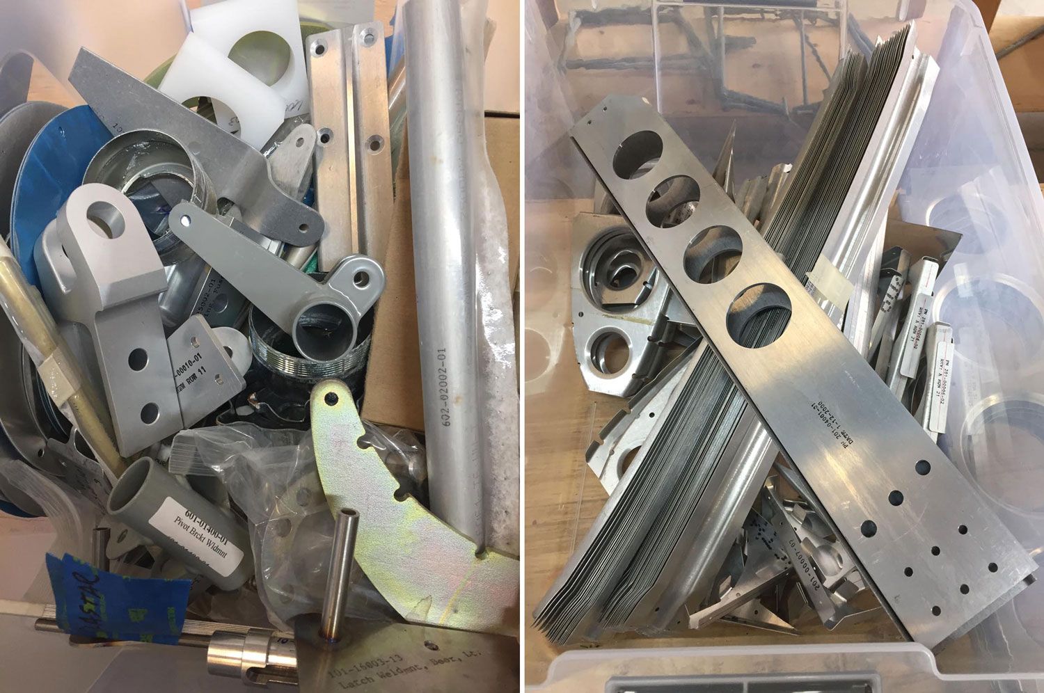 (Left) Parts to reorganize. There are always more than you think there will be. (Right) Organization by task—in this case parts for the right wing in a clear plastic tub are easy to find when the assembly manual calls for them.